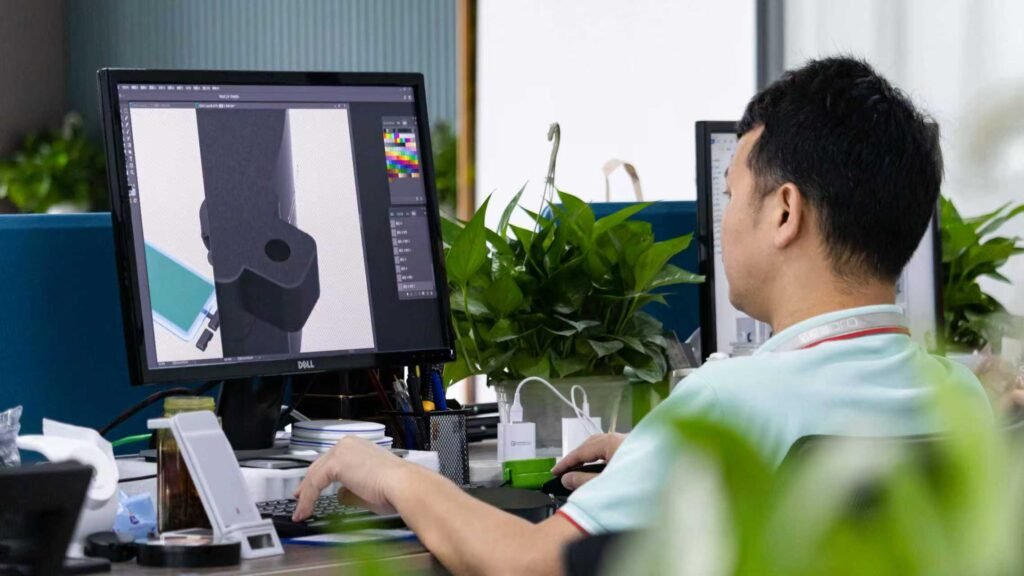 Professional industrial designer creating 3D CAD models for custom wireless charger housing and structural design.