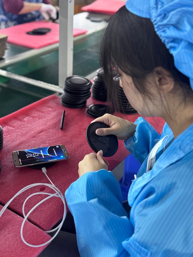 Factory worker performing final functional testing on wireless chargers using a real smartphone to verify charging compatibility.