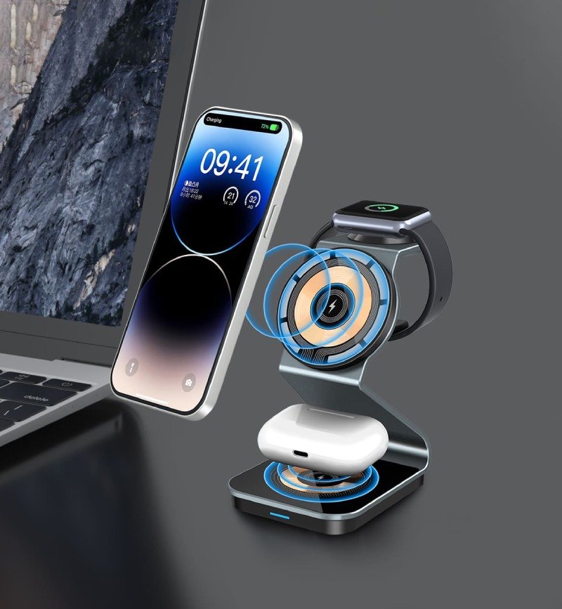 Foldable 3-in-1 MagSafe Travel Charger - Portable Wireless Charging Pad for iPhone & Watch - Compact Folding Station