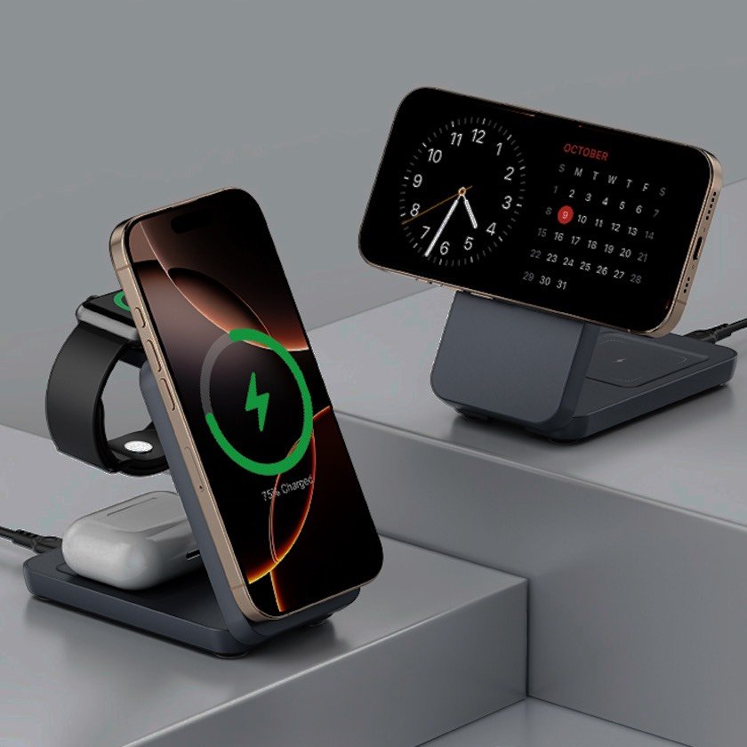 This foldable 3-in-1 magnetic wireless charger is engineered with a built-in smart chip for intelligent current distribution, ensuring safe and non-interfering power delivery.