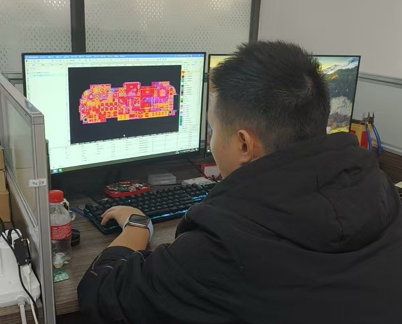 Electronics engineer using professional PCB design software to create custom circuit board layouts for wireless chargers.