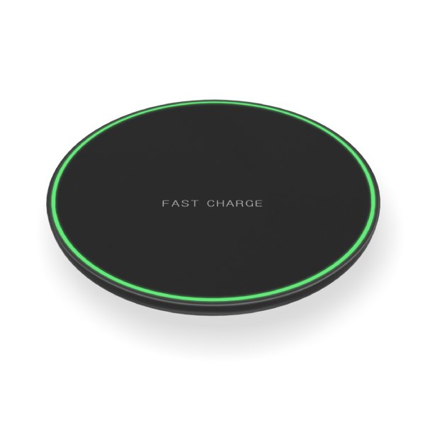 Qi wireless charging pad with LED charging ring indicator on desk