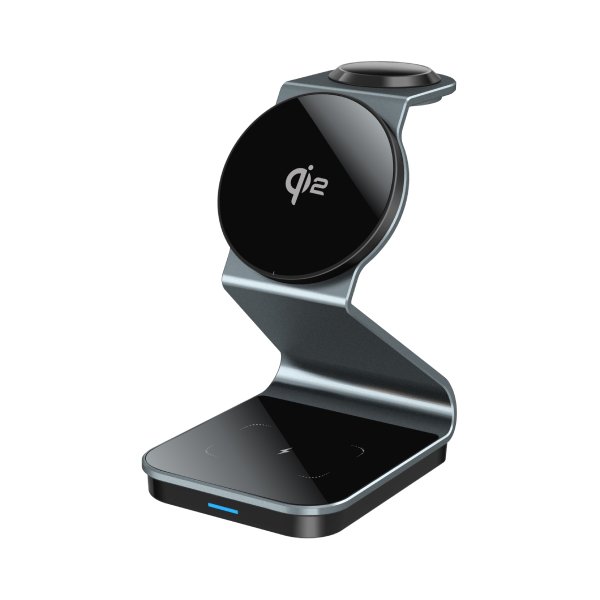 Qi2.0 3-in-1 wireless charging stand black on nightstand Simultaneous charging of iPhone Apple Watch and AirPods on Qi2 dock Premium metal finish Qi2 magnetic charging station