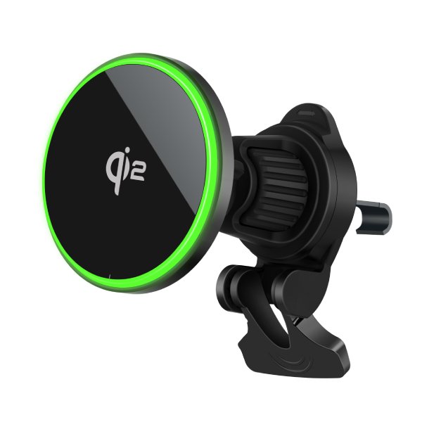 Qi2.0 magnetic car vent mount charger holding iPhone in Qi2.0 dashboard wireless car charger with extendable arm Magnetic car phone holder charging iPhone on dashboard Qi2 wireless car mount with LED charging indicator