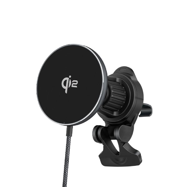 Qi2.0 magnetic car vent mount charger holding iPhone in landscape mode Driver installing Qi2 wireless car charger on air vent Strong magnet test of Qi2.0 car charger mount