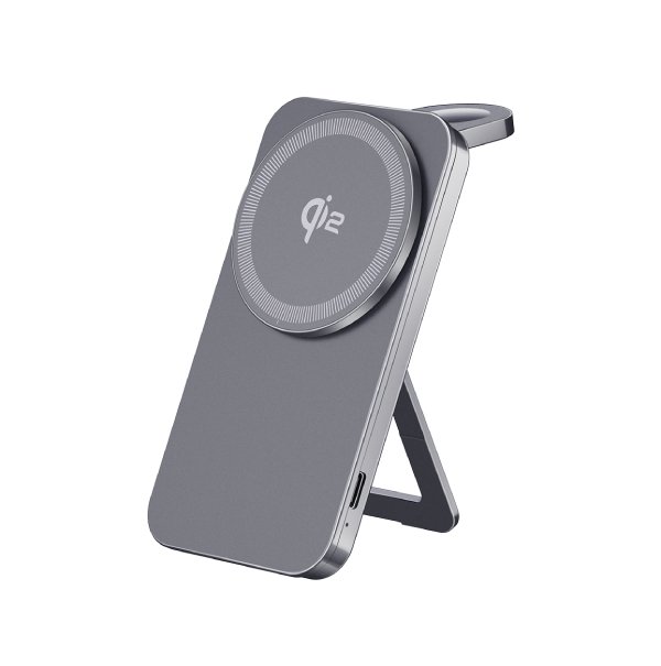 Foldable Qi2.0 wireless charger being packed into travel case 2-in-1 magnetic travel charger unfolded on hotel table Compact Qi2 dual wireless charger for iPhone and iwatch