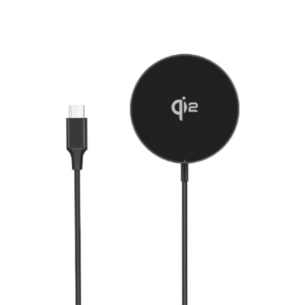 Qi2 magnetic wireless charger cable attached to iPhone back White Qi2 fast charging puck with braided USB-C cable Magnetic wireless charger snapping onto iPhone 16 for fast charging