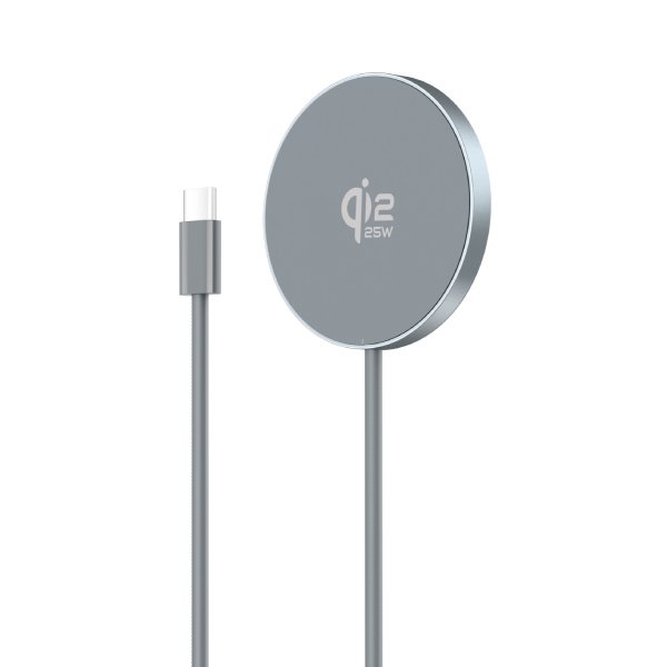 Ultra-thin Qi2.2 magnetic wireless charger side profile showing slim design 15W Qi2 fast charger pad attached to iPhone back Minimalist white Qi2.2 wireless charging pad on desk