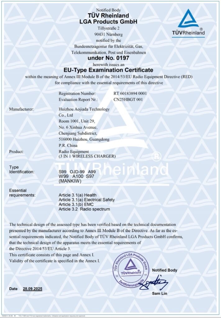 TÜV-tested CE certification document for wireless charger compliance with relevant EU health and safety requirements.