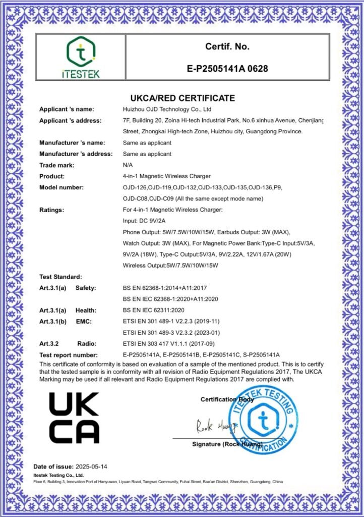 UKCA certification document for wireless chargers, supporting compliance for products sold in Great Britain (England, Scotland, Wales).