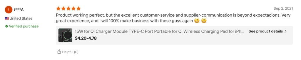 Alibaba screenshot from happy client praising the fast shipping speed and responsive customer service for their wireless charger order