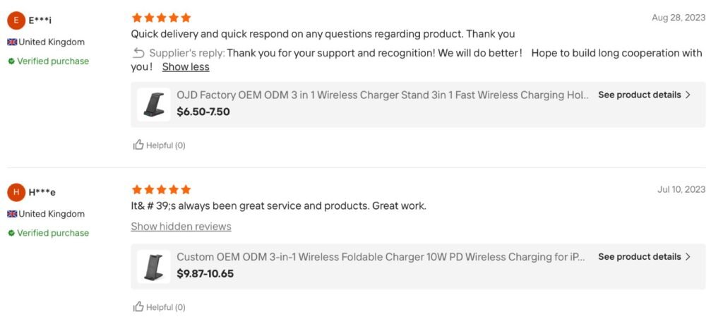screenshot from satisfied client praising the fast shipping speed and responsive customer service for their wireless charger order.