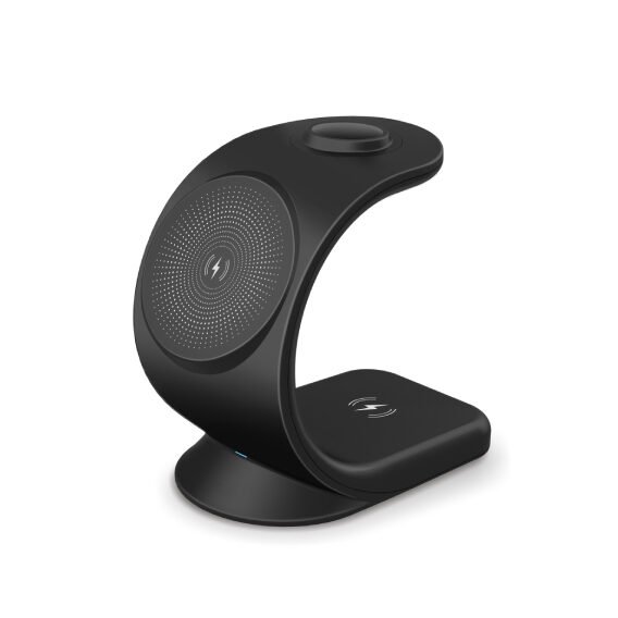 Budget friendly 3-in-1 magnetic wireless charger white Magnetic charging dock organizing Apple devices on desk Cost-effective wireless charging stand for iPhone users