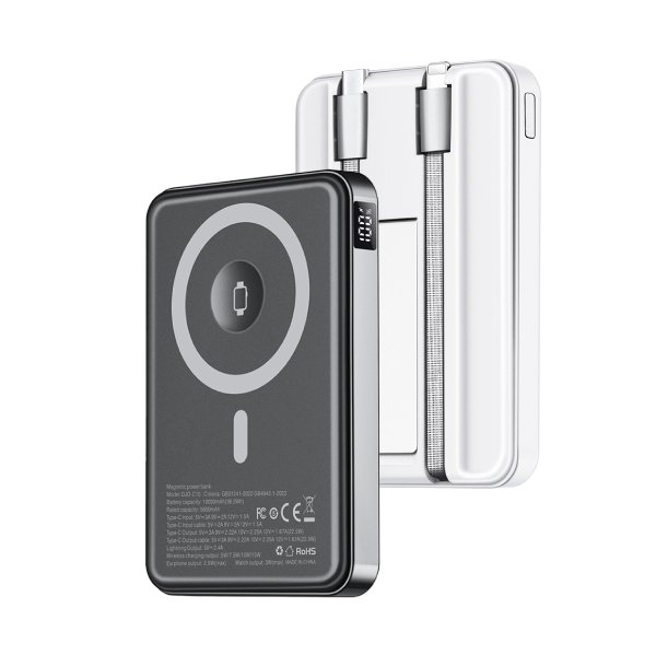 All-in-one magnetic wireless power bank with built-in charging cables for travel