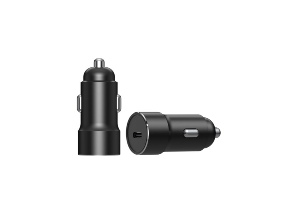 Compact dual-port fast car charger plugged into a vehicle's dashboard, manufactured by a reliable ODM factory for global brands.