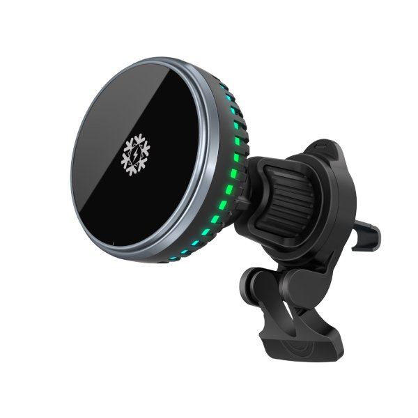 Magnetic cooling wireless car charger mounted on air vent charging smartphone