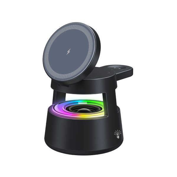 Custom multi-device wireless charger with speaker on office desk