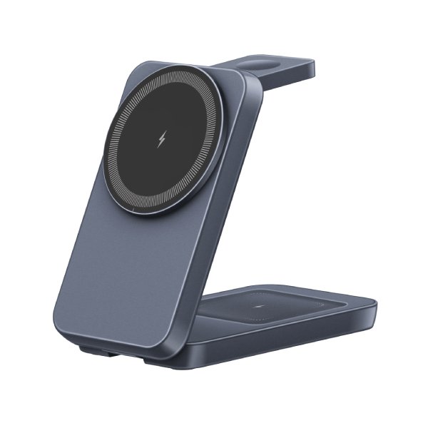 Unfolded 3-in-1 foldable wireless charging pad flat on table charging three devices