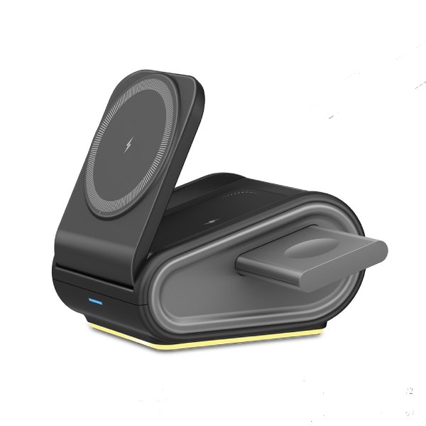 Magnetic 3-in-1 wireless charging stand holding smartphone smart watch and earbuds