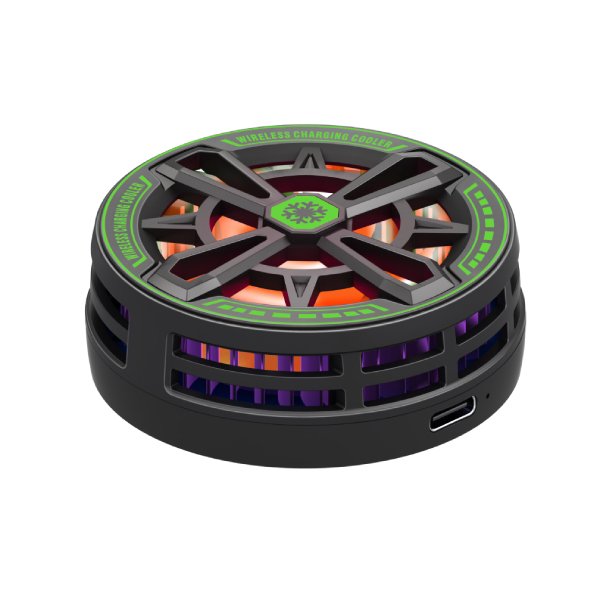 Magnetic cooling wireless charger with RGB fan attached to back of gaming smartphone
