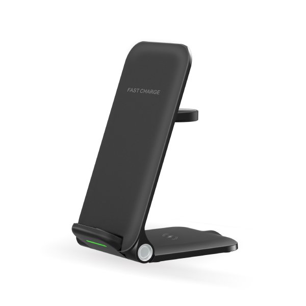 Foldable 3-in-1 wireless charging stand folded flat for travel and portable carry