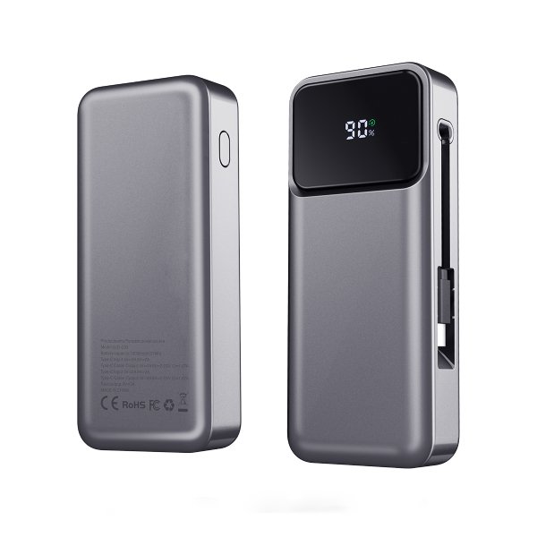 Compact retractable cable power bank in travel bag charging multiple devices