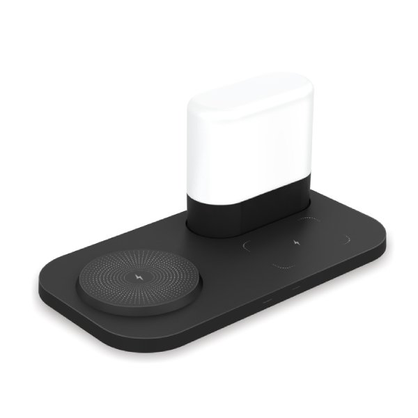 Custom logo illuminated 3-in-1 wireless charger night light on wooden desk