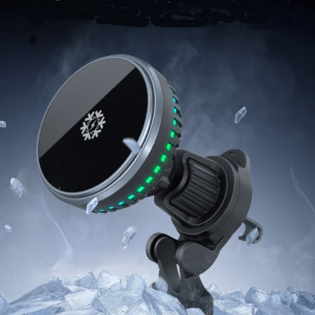 Semiconductor cooling magnetic car wireless charger with RGB fan and N52 magnets.