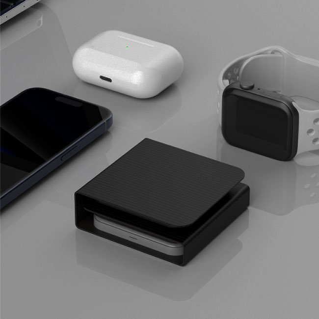 Foldable 3-in-1 magnetic wireless charging station for iPhone, Apple Watch, and AirPods.