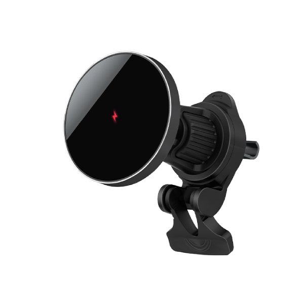 Minimalist black magnetic wireless car charger mounted seamlessly on dashboard